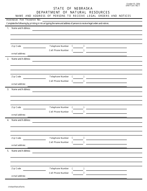 DNR Form 962-7  Printable Pdf