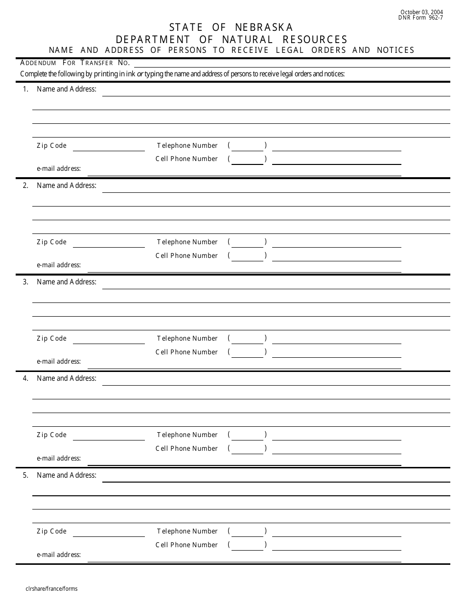 DNR Form 962-7 Name and Address of Persons to Receive Legal Orders and Notices - Nebraska, Page 1