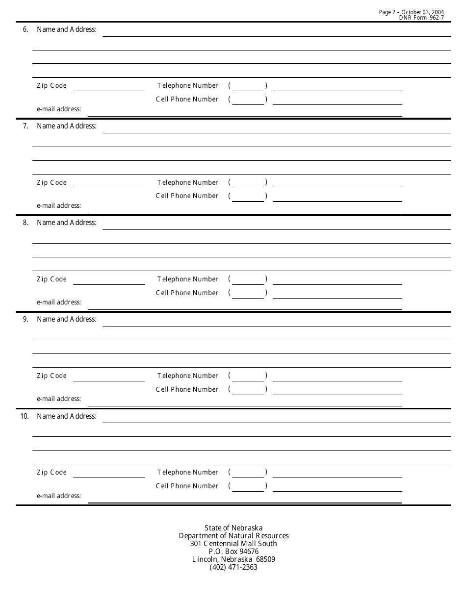 DNR Form 962-7 Name and Address of Persons to Receive Legal Orders and Notices - Nebraska, Page 2
