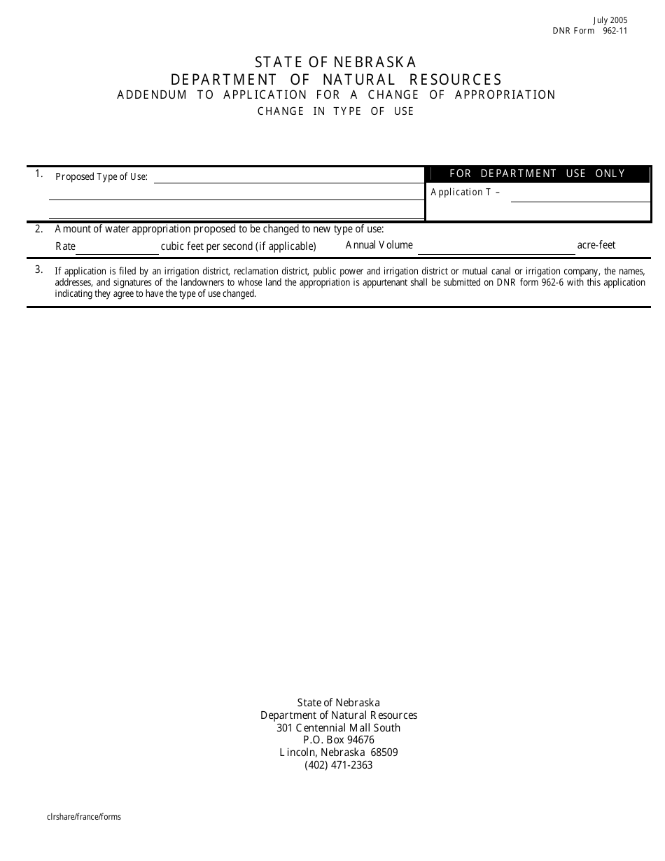 DNR Form 962-11 Addendum to Application for a Change of Appropriation - Change in Type of Use - Nebraska, Page 1