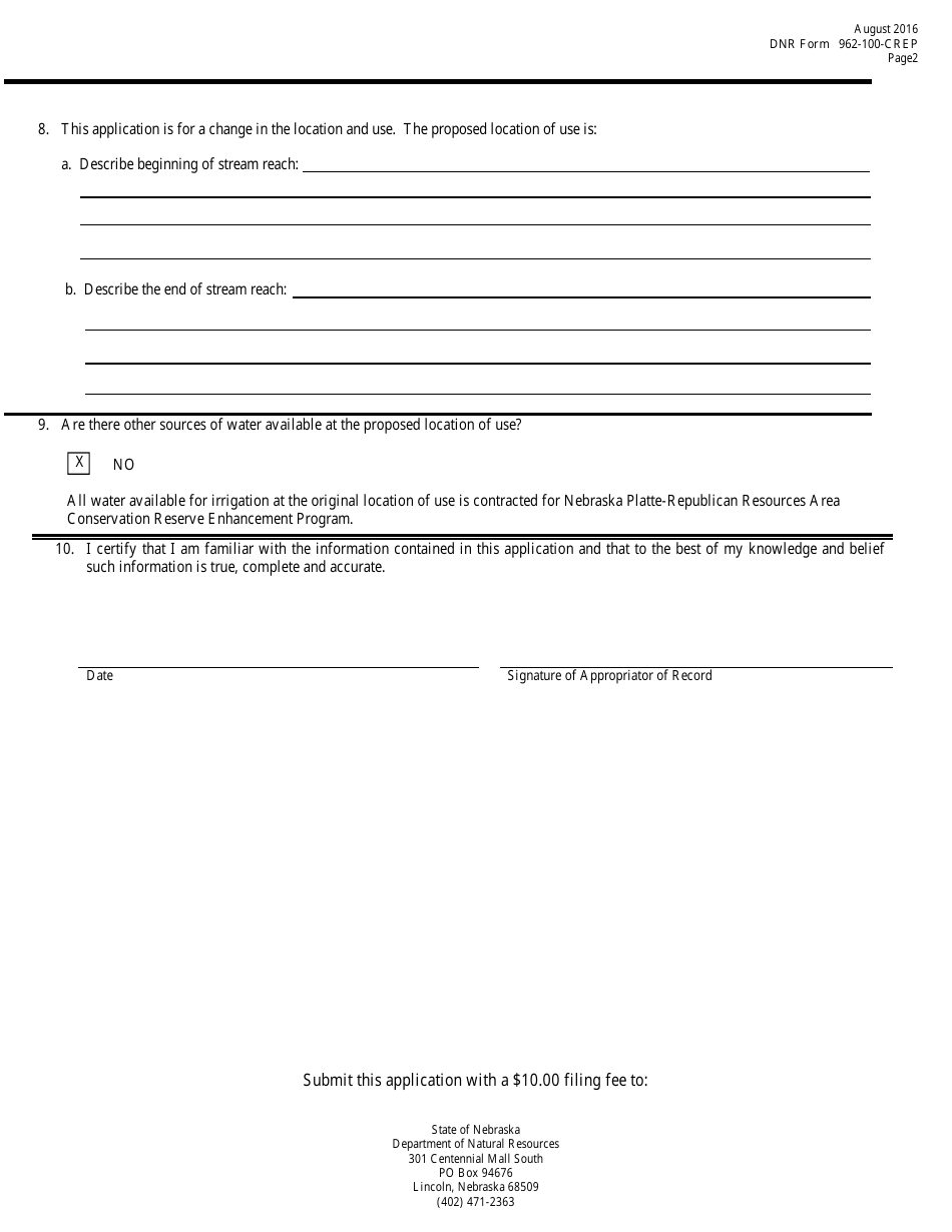 DNR Form 962-100-CREP Application for a Change of Appropriation to Augment Stream Flow - Pursuant to a Crep Water Use Contract - Nebraska, Page 2