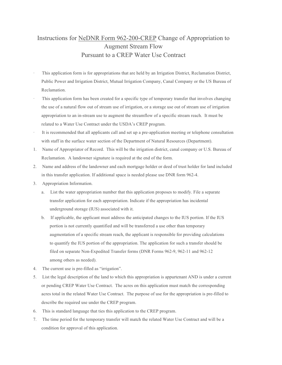 Download Instructions for DNR Form 962-200-CREP Change of Appropriation ...