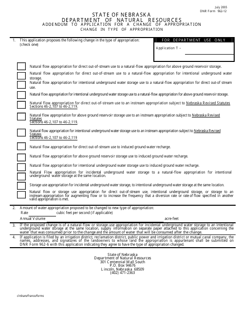 DNR Form 962-12 Addendum to Application for a Change of Appropriation - Change in Type of Appropriation - Nebraska