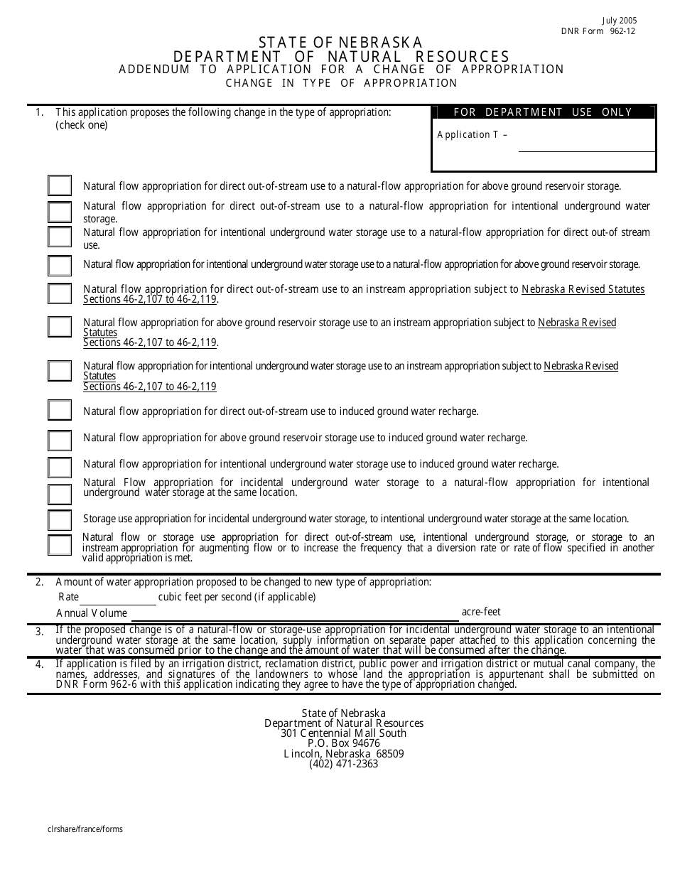 DNR Form 962-12 Addendum to Application for a Change of Appropriation - Change in Type of Appropriation - Nebraska, Page 1