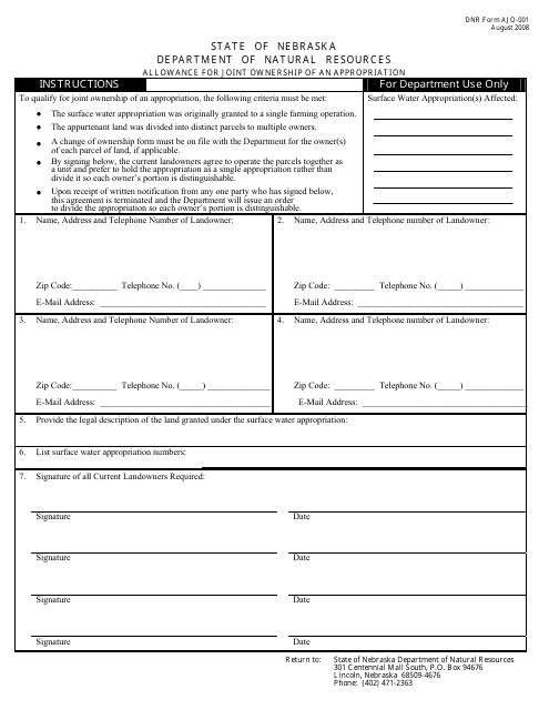 DNR Form AJO-001 Allowance for Joint Ownership of an Appropriation - Nebraska