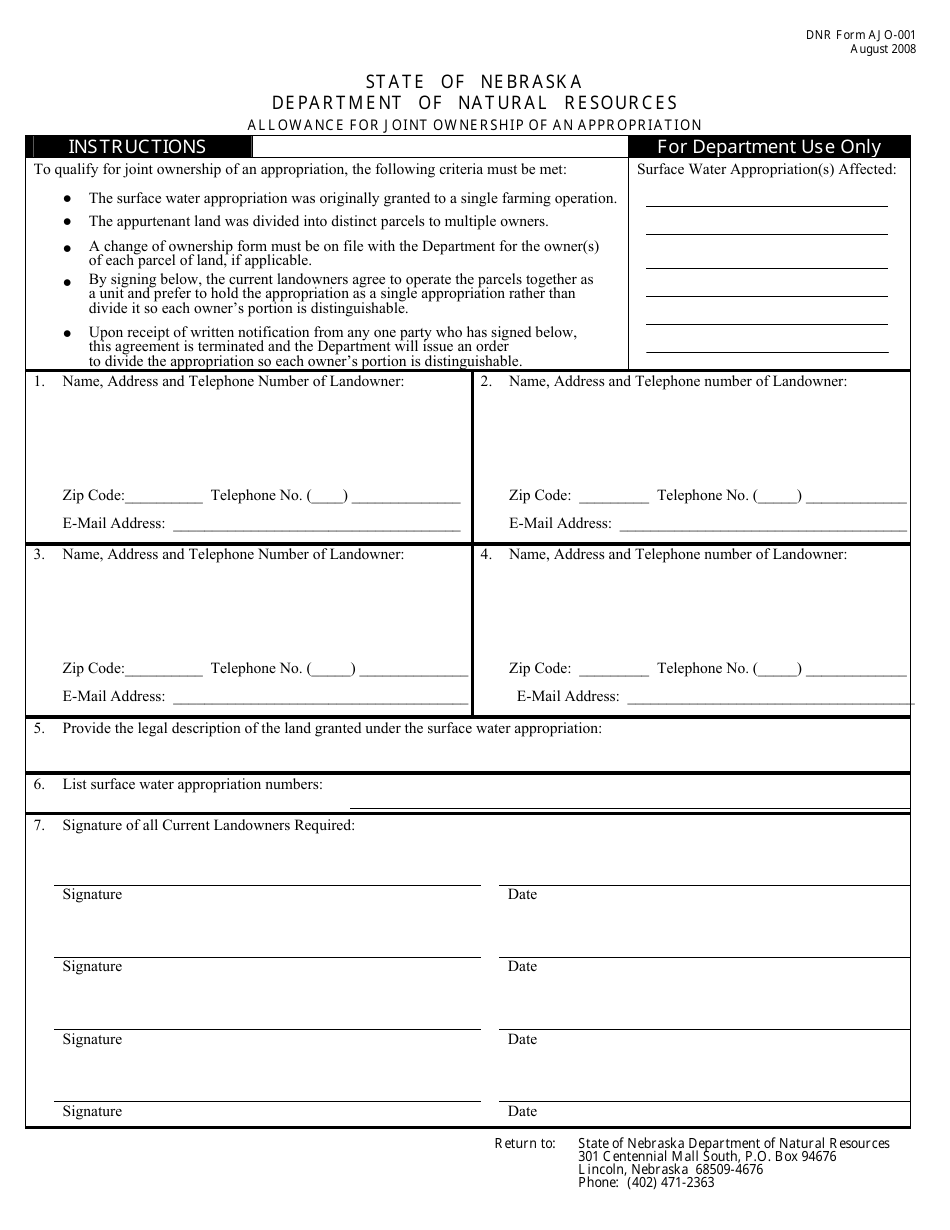 DNR Form AJO-001 Allowance for Joint Ownership of an Appropriation - Nebraska, Page 1