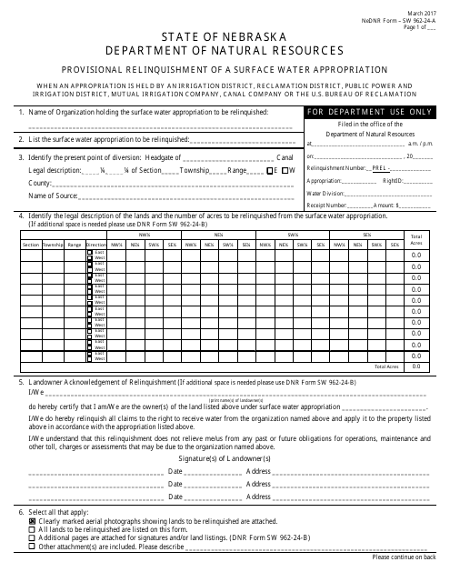 DNR Form SW962-24-A Provisional Relinquishment of a Surface Water Appropriation - Nebraska
