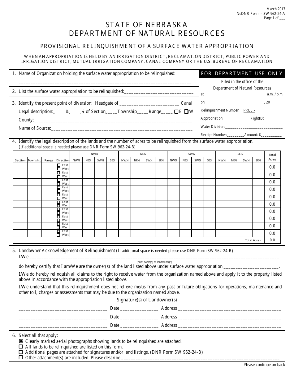 DNR Form SW962-24-A Provisional Relinquishment of a Surface Water Appropriation - Nebraska, Page 1