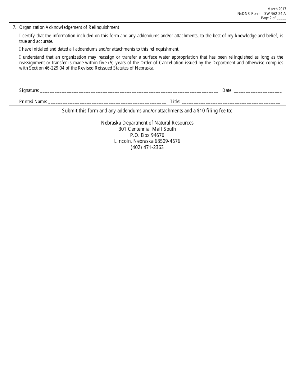 DNR Form SW962-24-A Provisional Relinquishment of a Surface Water Appropriation - Nebraska, Page 2