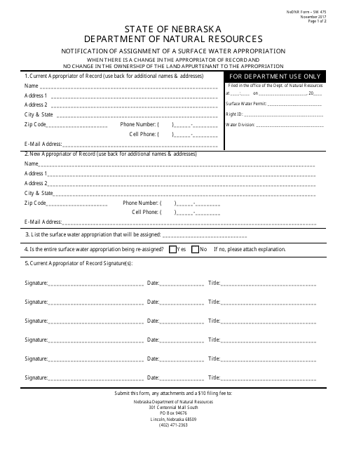DNR Form SW475 Notification of Assignment of a Surface Water Appropriation - Nebraska