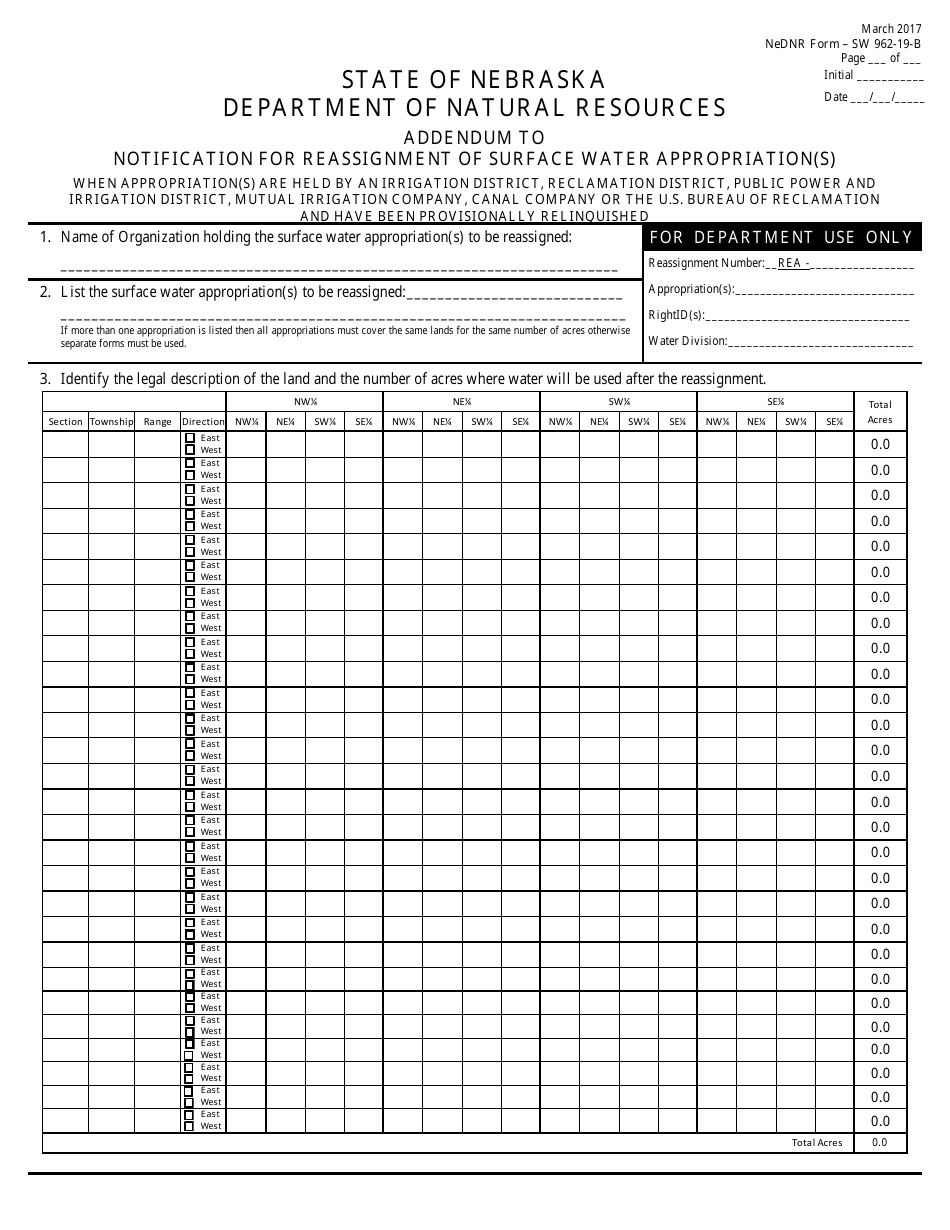 DNR Form SW962-19-B Addendum to Notification for Reassignment of Surface Water Appropriation(S) - Nebraska, Page 1