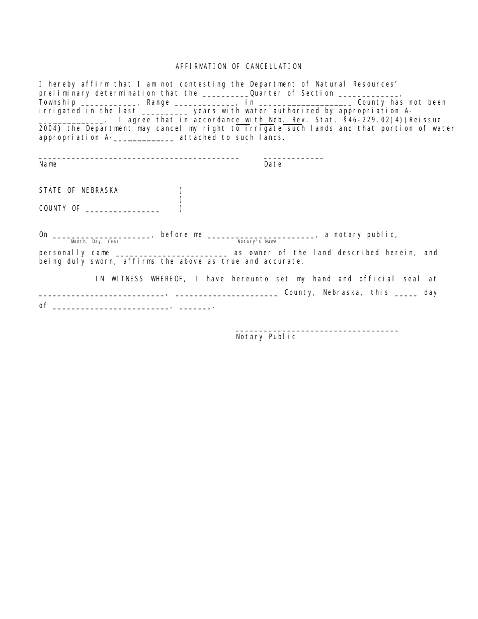 Affirmation of Cancellation Form - Nebraska, Page 1
