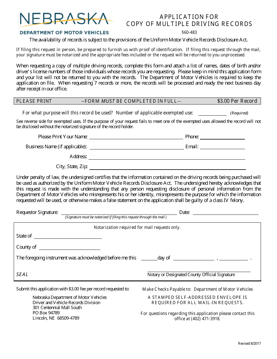 Application for Copy of Multiple Driving Records - Nebraska, Page 1