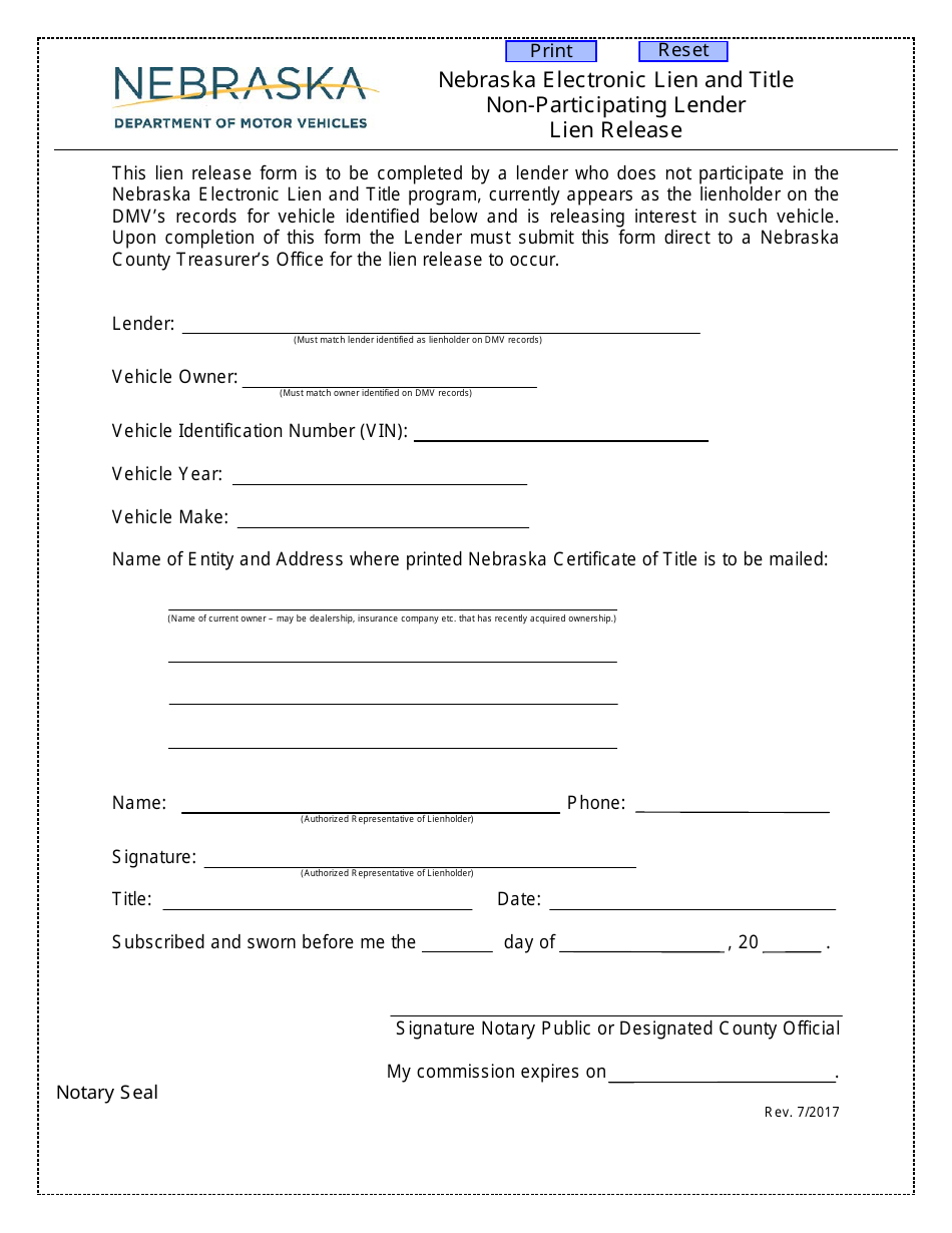 Nebraska Electronic Lien and Title Non-participating Lender Lien Release Form - Nebraska, Page 1