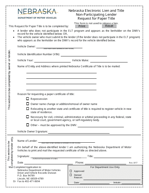 Nebraska Electronic Lien and Title Non-participating Lender Request for Paper Title - Nebraska Download Pdf