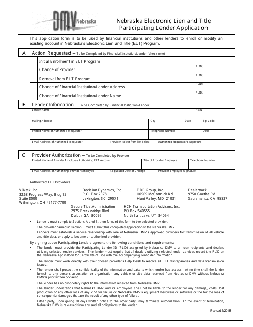 Nebraska Electronic Lien and Title Participating Lender Application Form - Nebraska Download Pdf