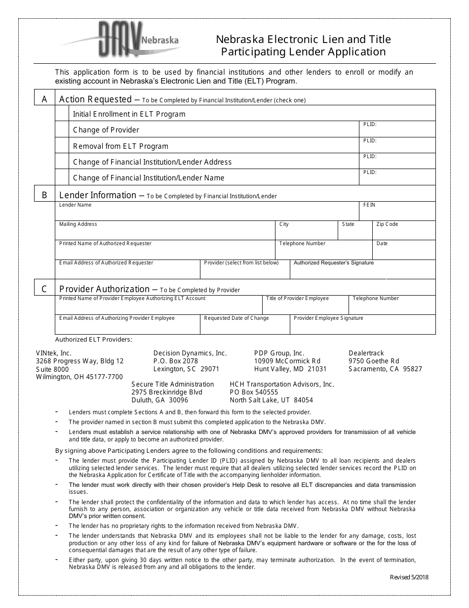 Nebraska Electronic Lien and Title Participating Lender Application Form - Nebraska, Page 1