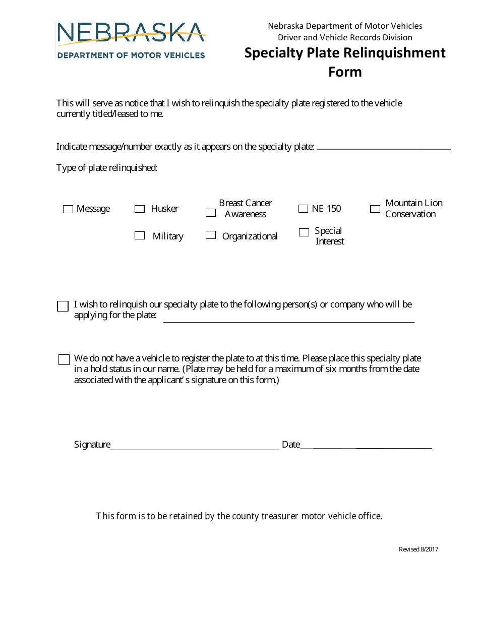 Specialty Plate Relinquishment Form - Nebraska, Page 1