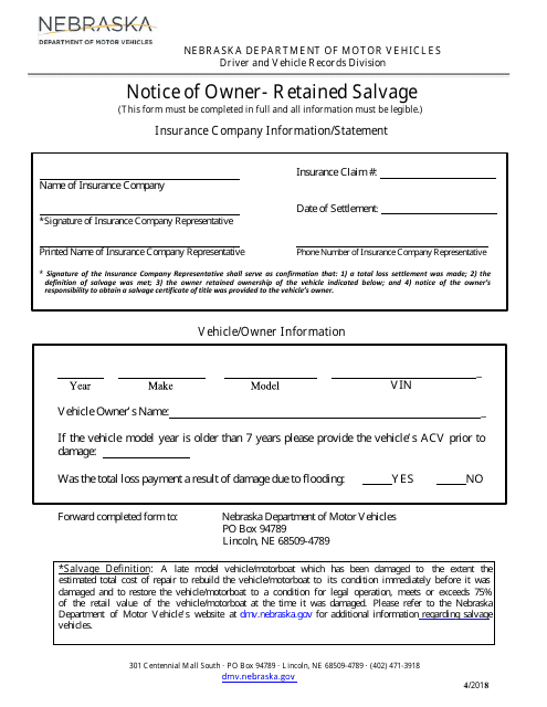 Notice of Owner - Retained Salvage - Nebraska