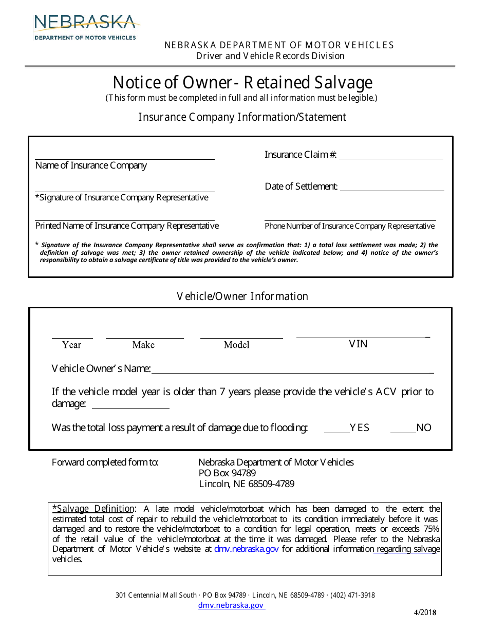 Notice of Owner - Retained Salvage - Nebraska, Page 1