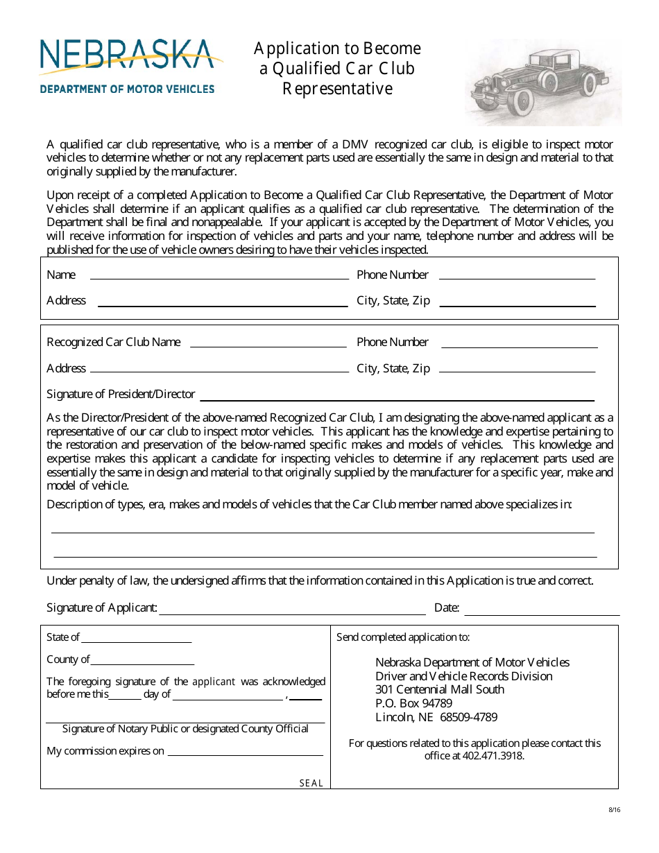 Application to Become a Qualified Car Club Representative - Nebraska, Page 1
