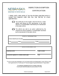 Document preview: Inspection Exemption Certification Form - Nebraska