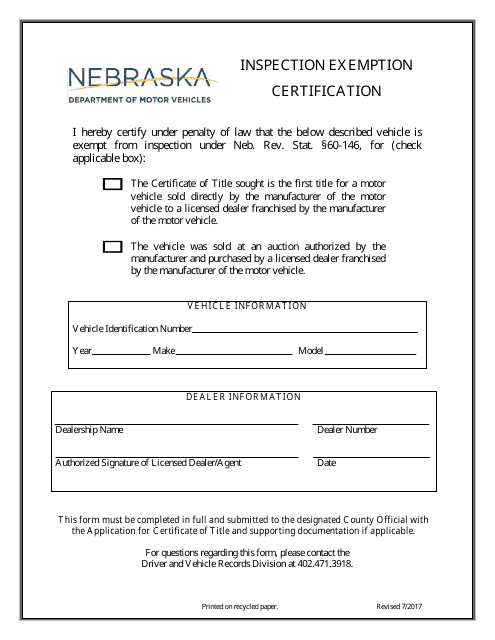 Inspection Exemption Certification Form - Nebraska Download Pdf