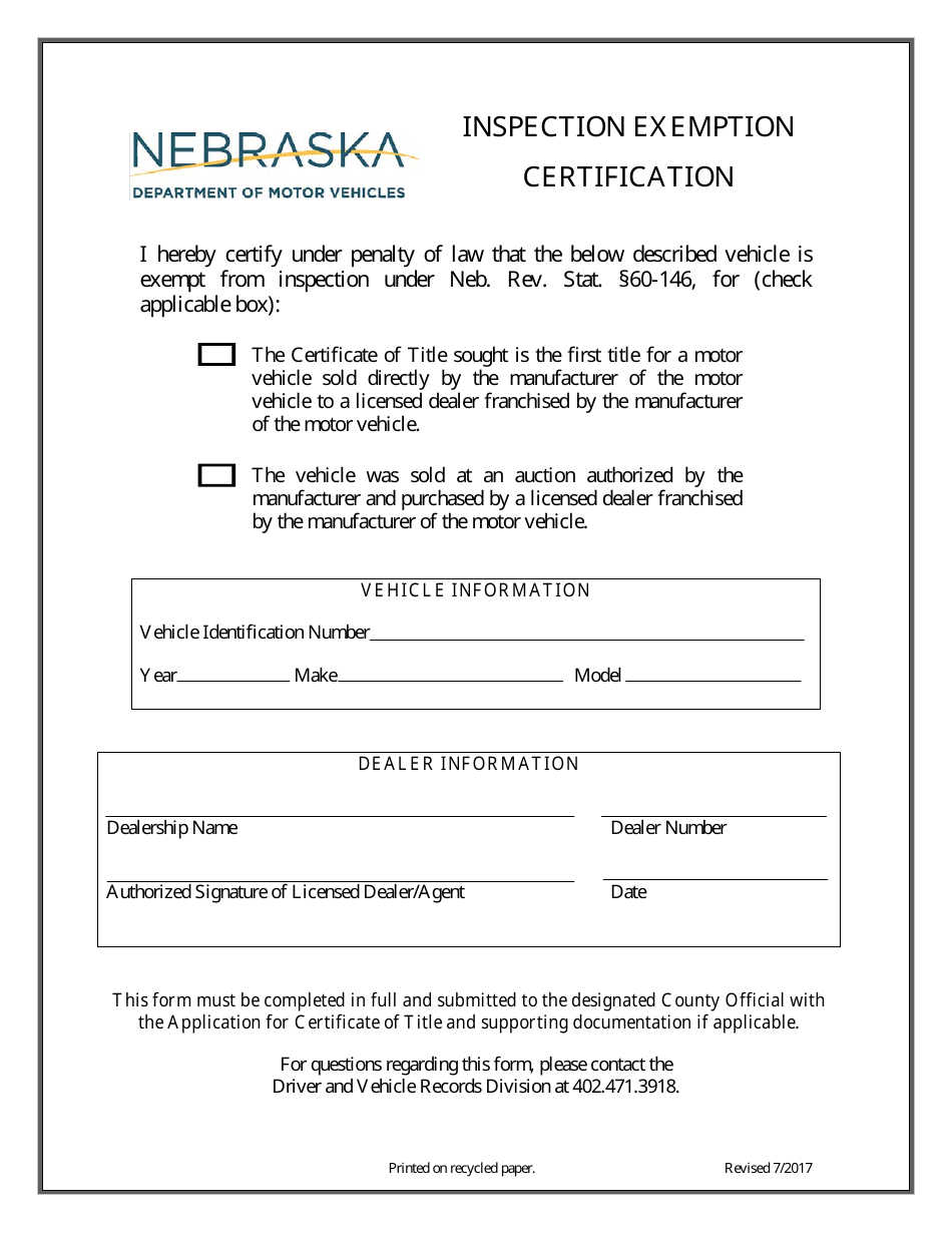 Inspection Exemption Certification Form - Nebraska, Page 1
