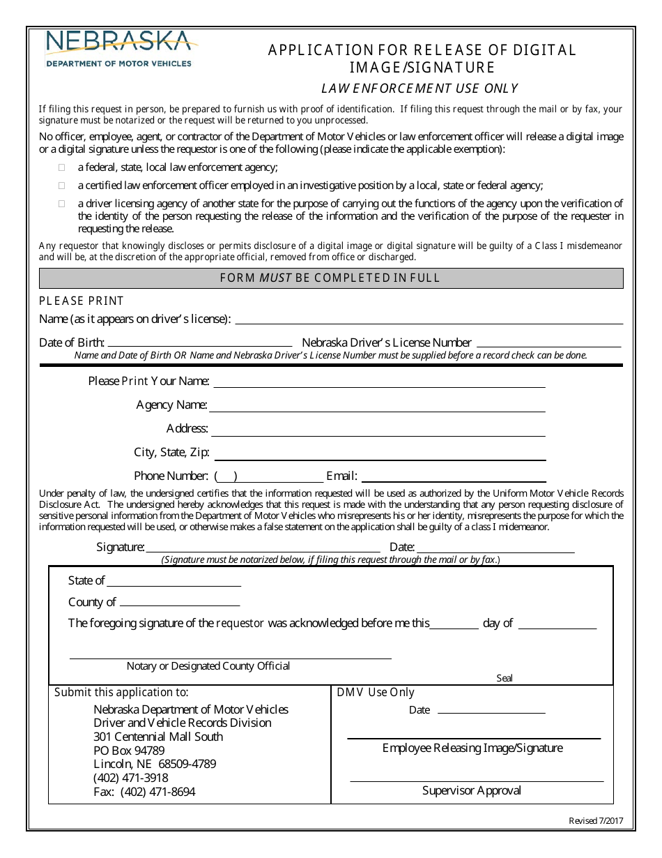 Application for Release of Digital Image / Signature - Nebraska, Page 1