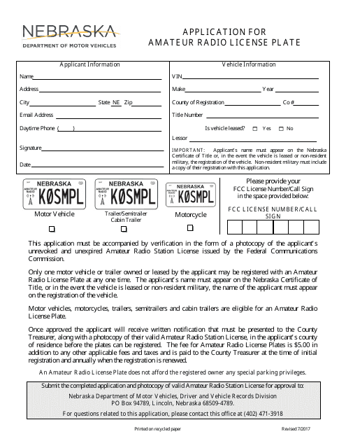 Application for Amateur Radio License Plate - Nebraska Download Pdf