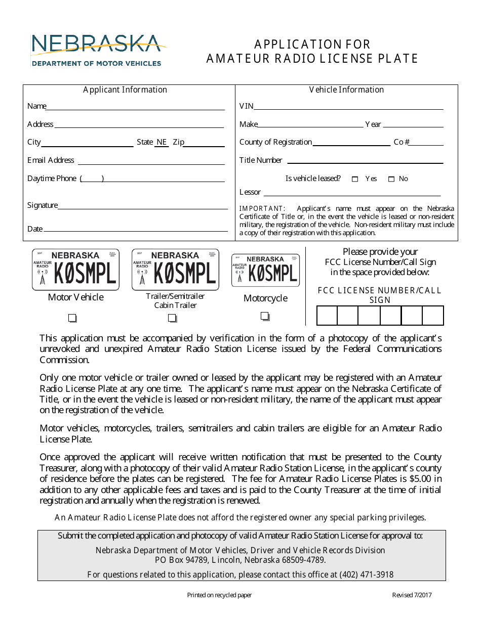 Application for Amateur Radio License Plate - Nebraska, Page 1