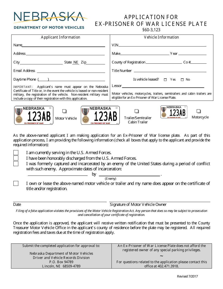 Application for Ex-prisoner of War License Plate - Nebraska, Page 1