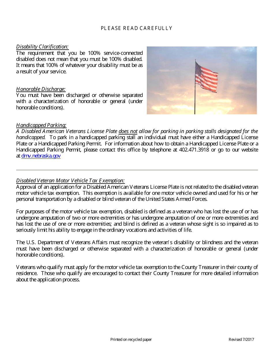 Application for Disabled American Veteran License Plate - Nebraska, Page 2
