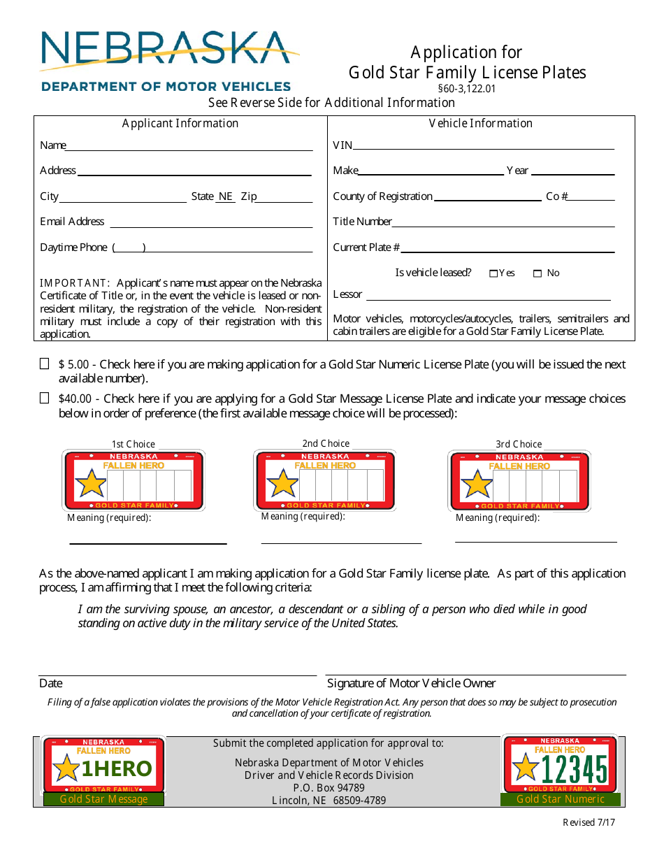 Nebraska Application For Gold Star Family License Plates Fill Out