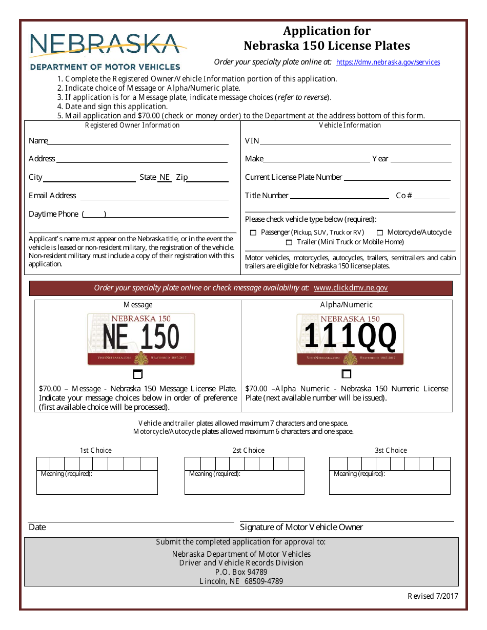 Nebraska Application for Nebraska 150 License Plates Fill Out, Sign