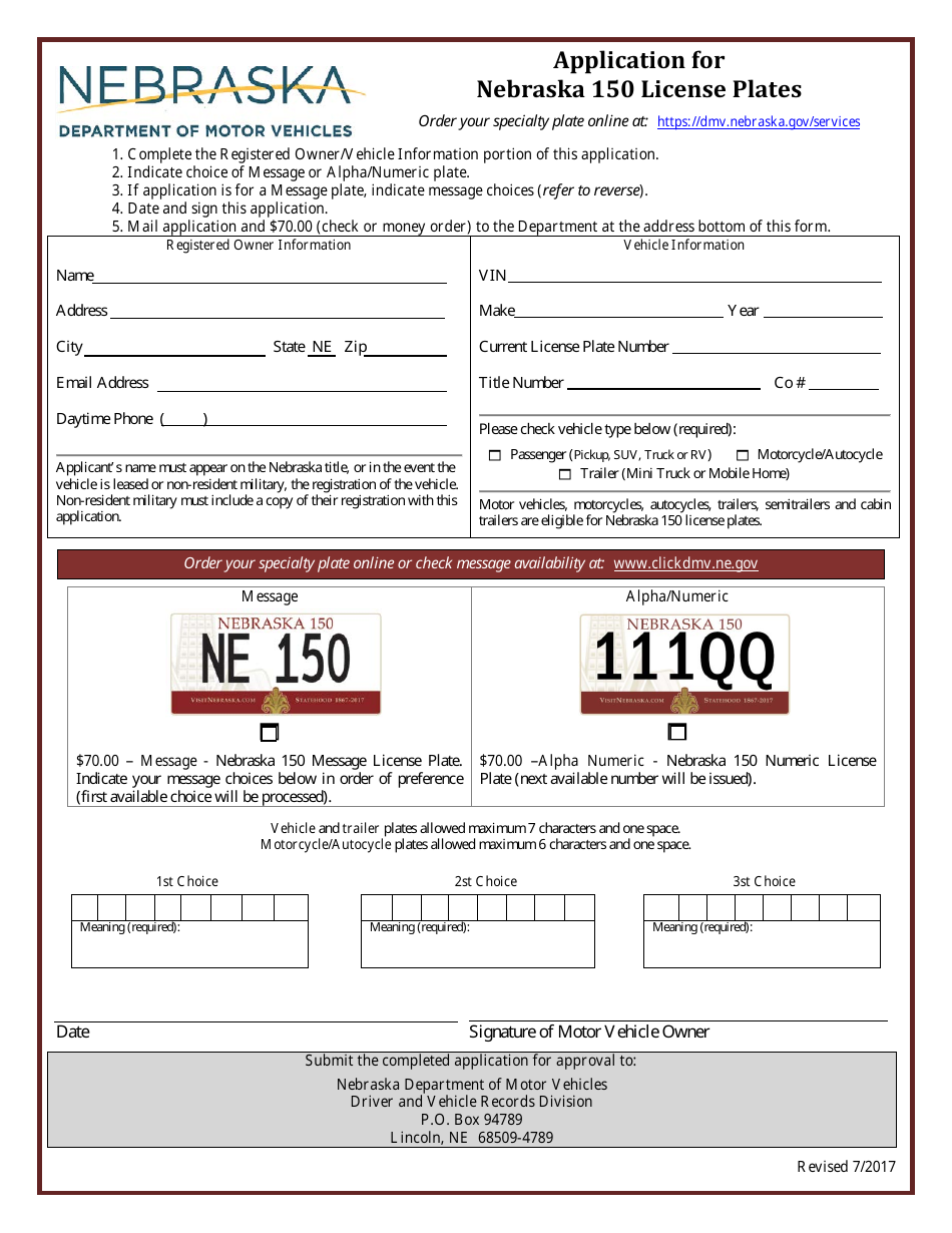 Application for Nebraska 150 License Plates - Nebraska, Page 1