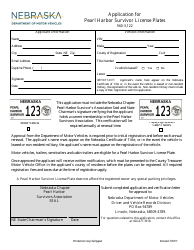 Document preview: Application for Pearl Harbor Survivor License Plates - Nebraska