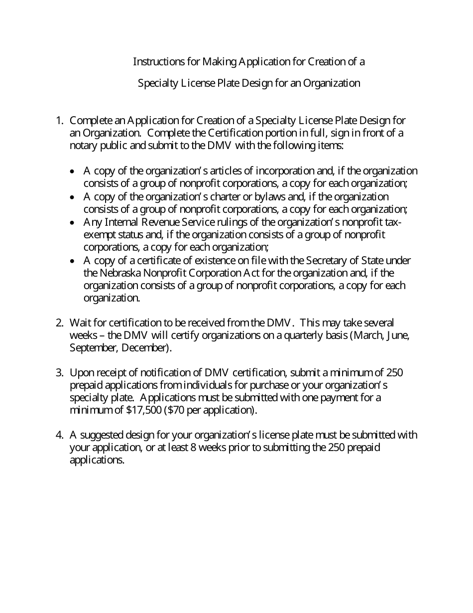 Application for Creation of a Specialty License Plate Design for an Organization - Nebraska, Page 1