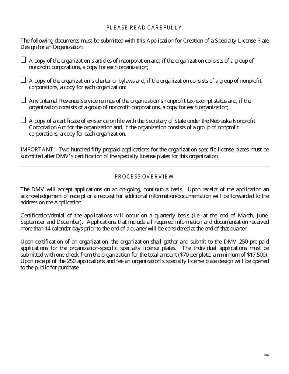 Application for Creation of a Specialty License Plate Design for an Organization - Nebraska, Page 3
