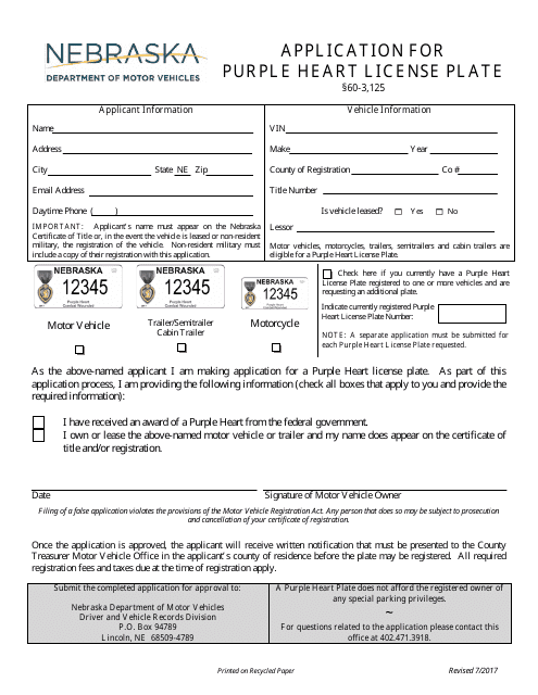 Application for Purple Heart License Plate - Nebraska Download Pdf