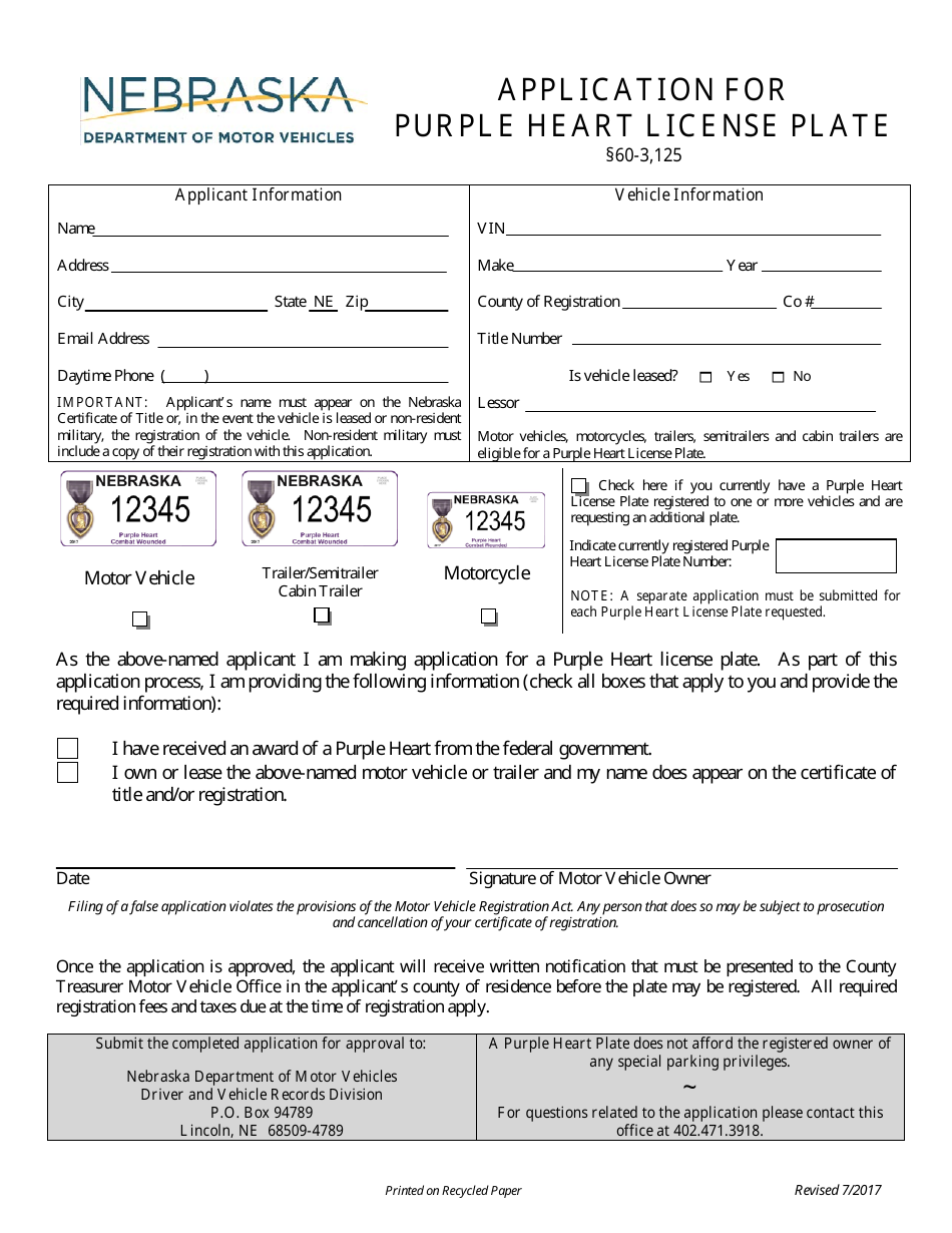 Application for Purple Heart License Plate - Nebraska, Page 1
