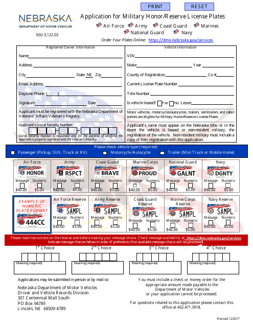 Application for Military Honor / Reserve License Plates - Nebraska Download Pdf