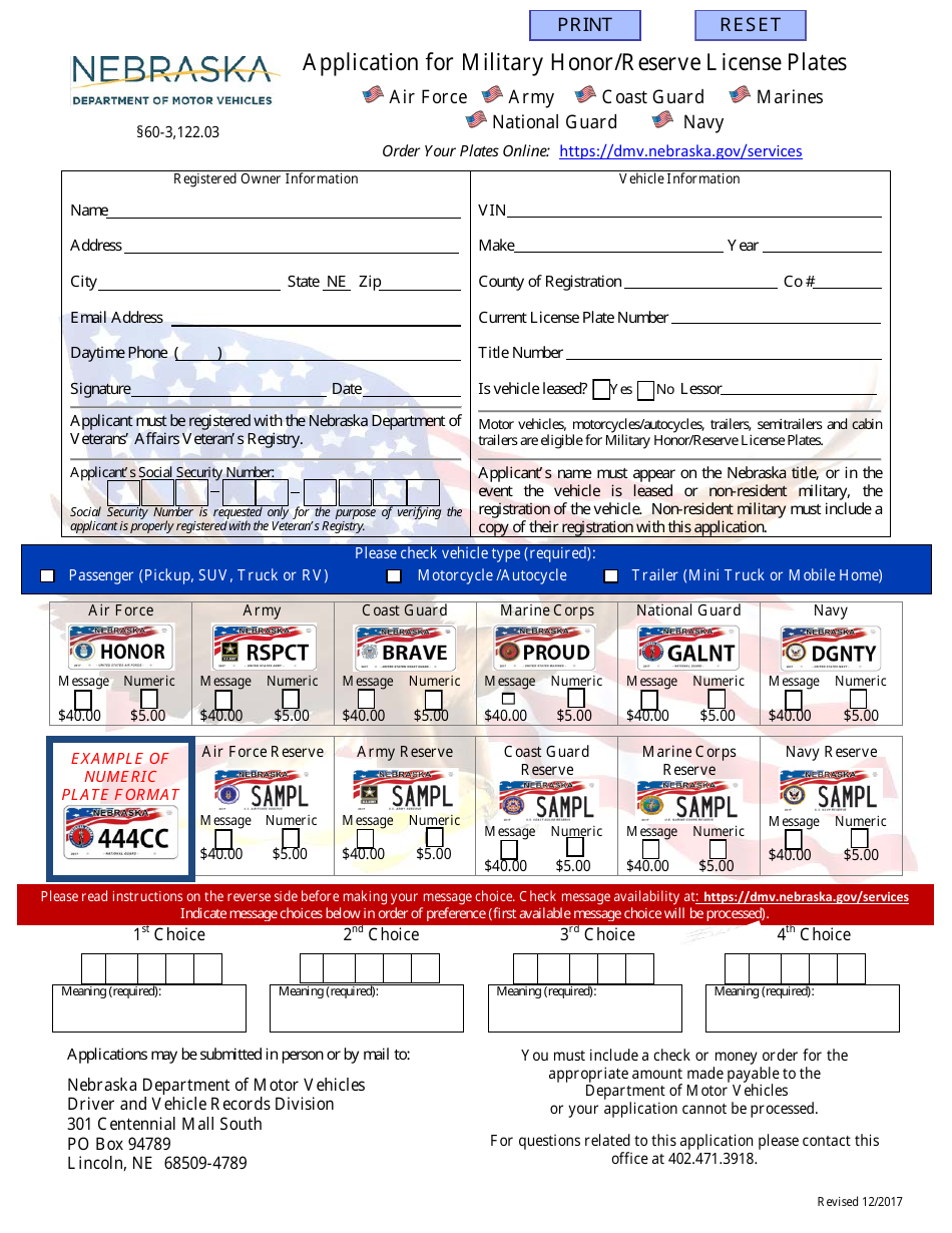 Application for Military Honor / Reserve License Plates - Nebraska, Page 1