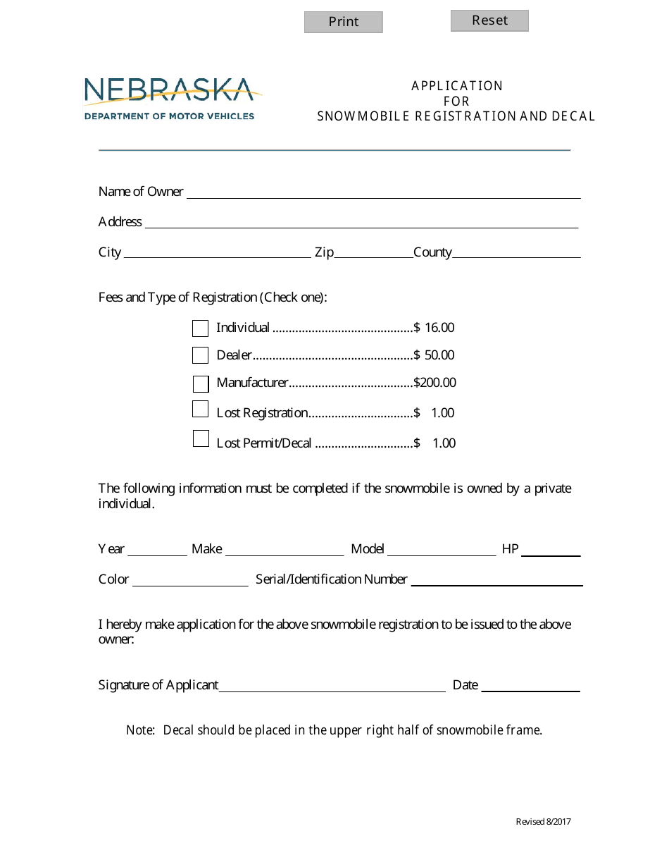 Application for Snowmobile Registration and Decal - Nebraska, Page 1