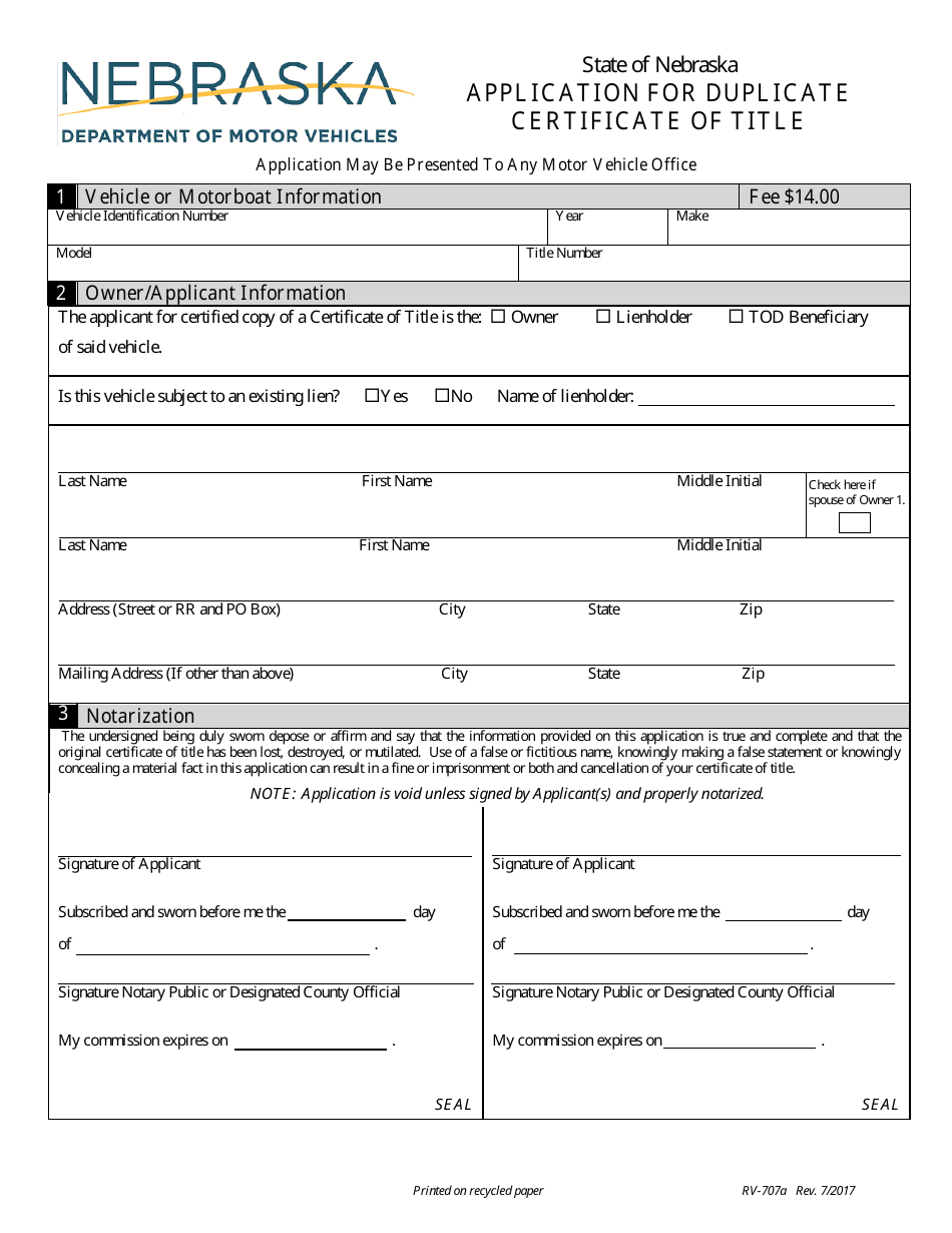 Form RV-707A Application for Duplicate Certificate of Title - Nebraska, Page 1