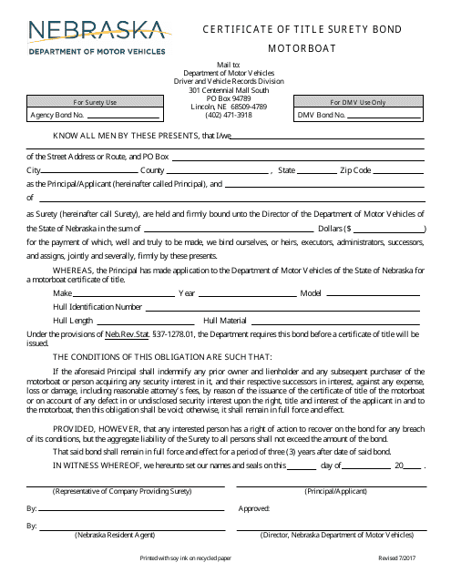 Certificate of Title Surety Bond for a Motorboat - Nebraska Download Pdf