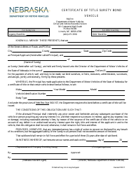 Document preview: Certificate of Title Surety Bond for a Vehicle - Nebraska