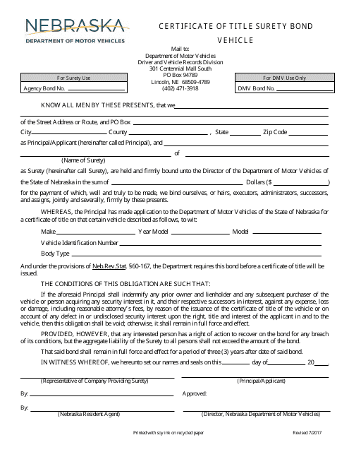 Certificate of Title Surety Bond for a Vehicle - Nebraska