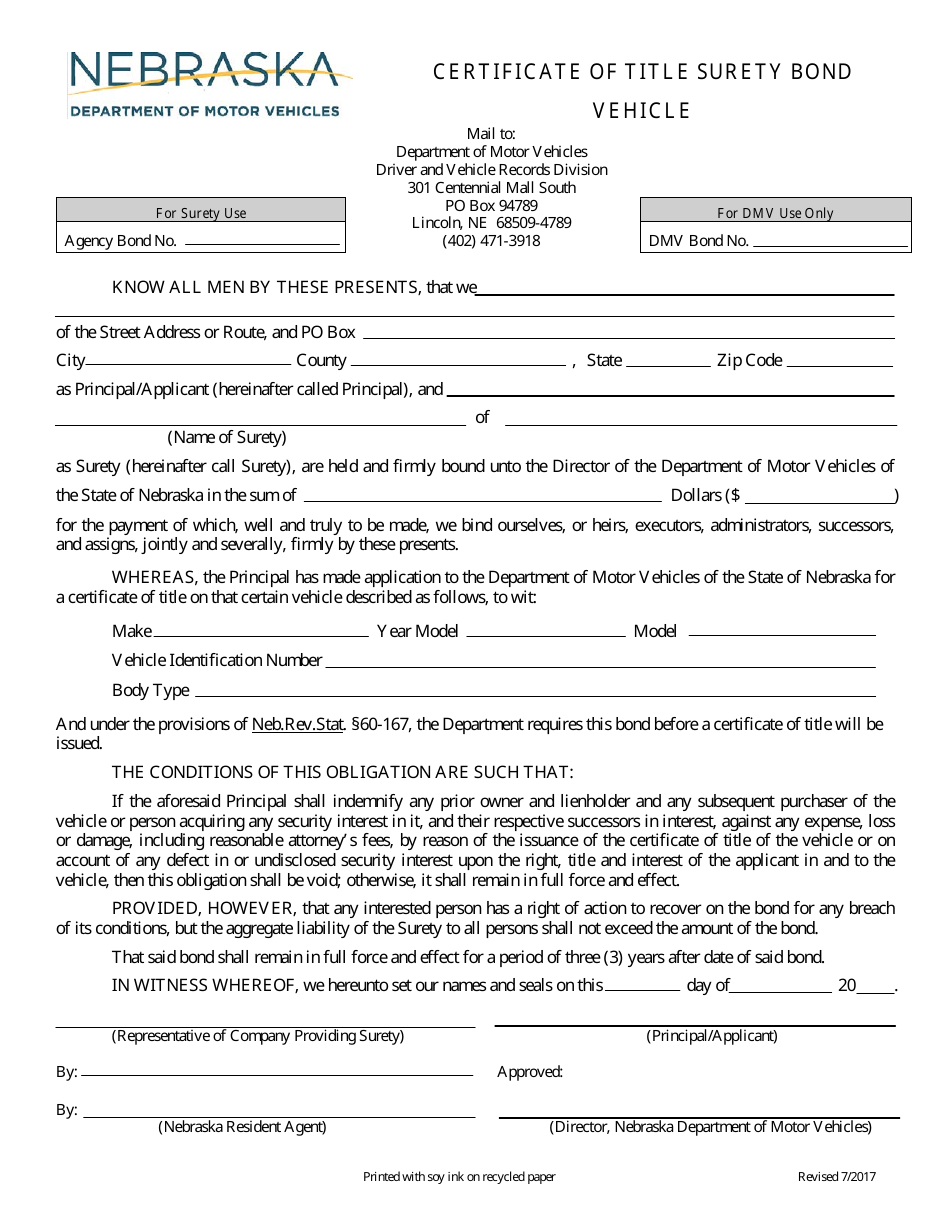 Certificate of Title Surety Bond for a Vehicle - Nebraska, Page 1