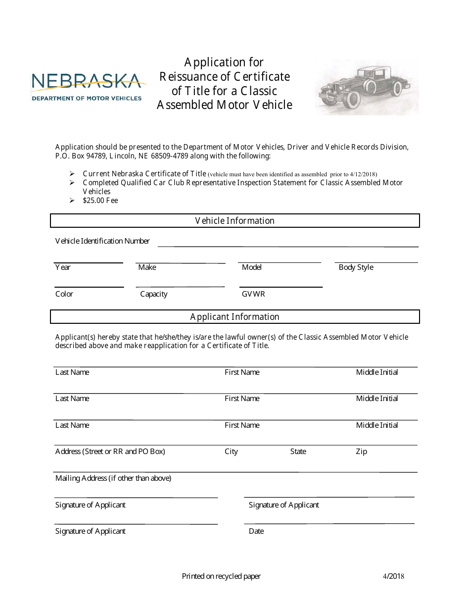Application for Reissuance of Certificate of Title for a Classic Assembled Motor Vehicle - Nebraska, Page 1